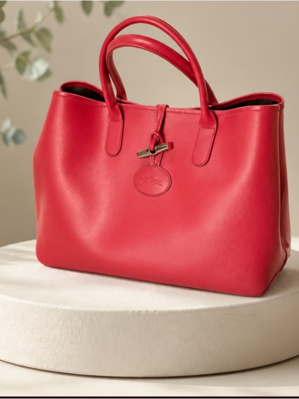 Longchamp Roseau Classic Red Leather Tote Bag.